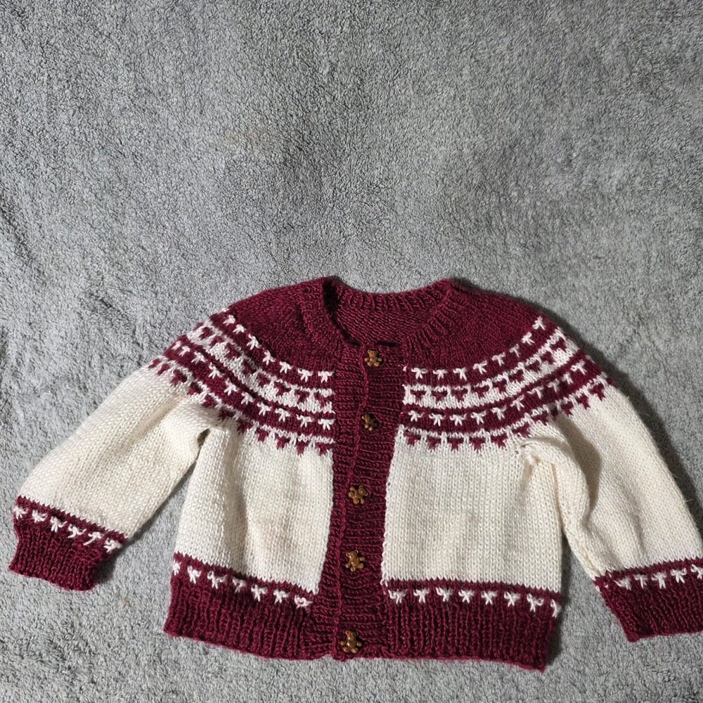 Handmade Kids Fair Isle Knit Cardigan Burgundy Cream Teddy Bear Buttons Sweater